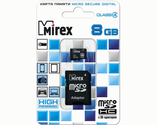 Карта памяти MicroSD   8GB Mirex Class 4 +SD адаптер (225 624)