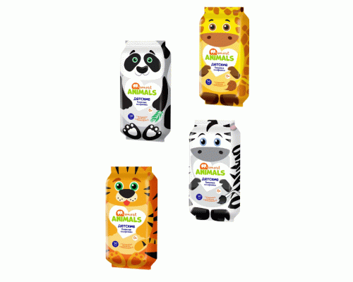 Салфетки влажные детские Smart Animals  50шт с ромашкой и витамином E mix (253 543)