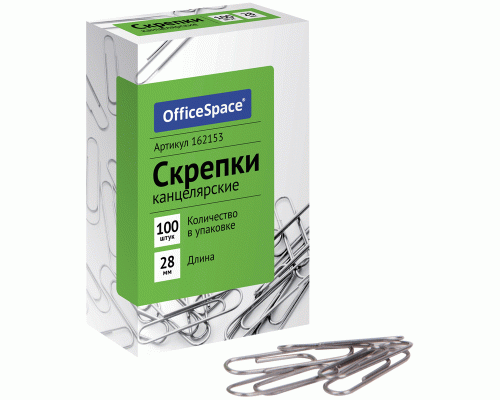 Скрепки канцелярские 100шт 28мм OfficeSpace (249 584)