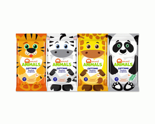 Салфетки влажные детские Smart Animals  20шт с ромашкой и витамином E mix (264 151)