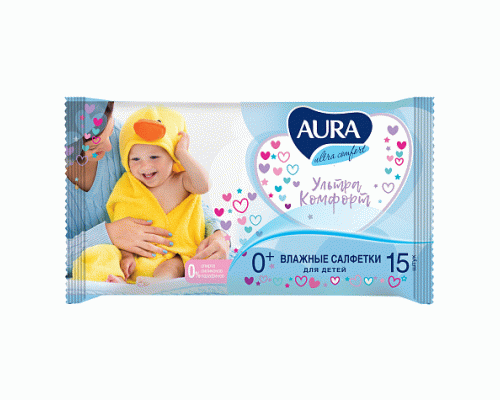 Салфетки влажные детские Aura  15шт Ultra Comfort /4202/8492/ (102 620)