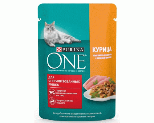 Purina One   75г для стерилизованных котов и кошек с курицей и зеленой фасолью (288 376)