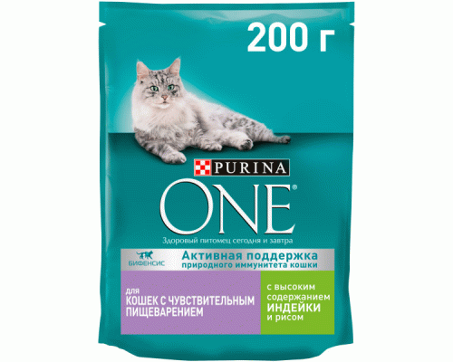 Purina One  200г для взрослых кошек с чувствительным пищеварением с индейкой и рисом (288 399)