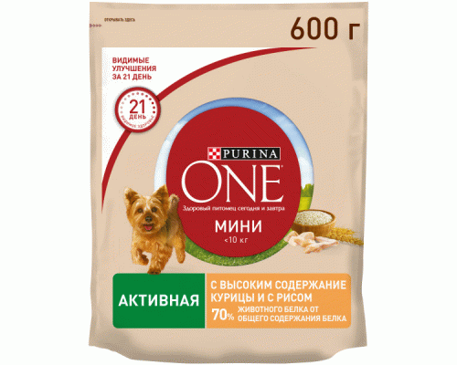 Purina One  600г для собак мелких пород при активном образе жизни с курицей и рисом (288 406)