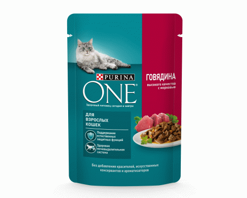 Purina One 75г для взрослых кошек с говядиной и морковью (288 398)