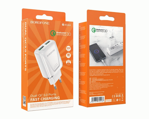 Зарядное устройство сетевое 2USB 18W QC3.0 Borofone /BA54A/ (294 771)