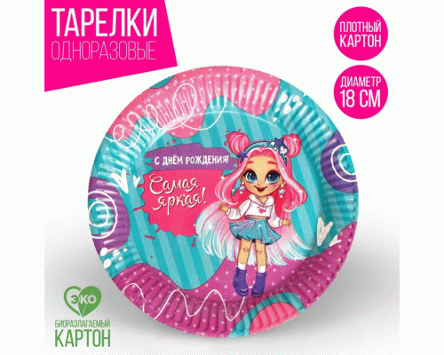 Тарелка бумажная 18см 6шт С Днём Рождения! самая яркая (297 252)