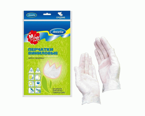 Перчатки виниловые 10шт р-р M Антелла (300 268)