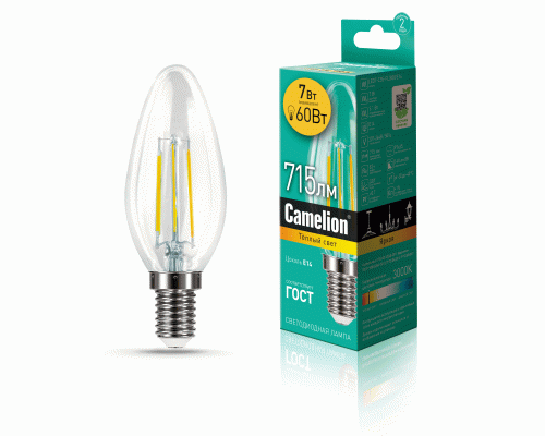 Лампа светодиодная Camelion свеча LED7-С35-FL/830/E14 7Вт 220В (302 095)