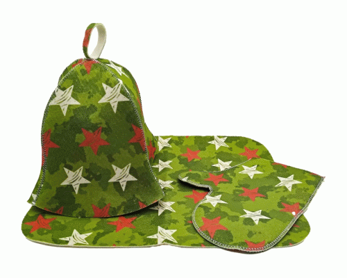 Набор для бани Камуфляж со звездами (шапка, коврик, рукавица) Бацькина баня (300 640)