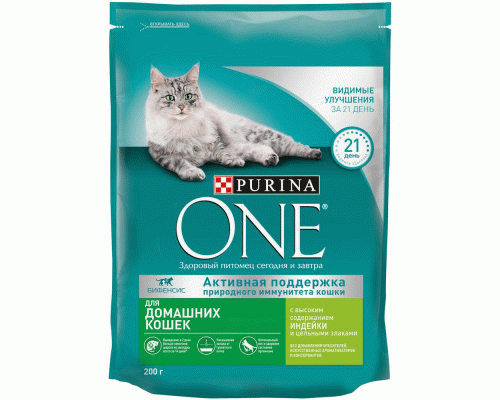 Purina One  200г для домашних кошек с индейкой и цельными злаками (304 215)
