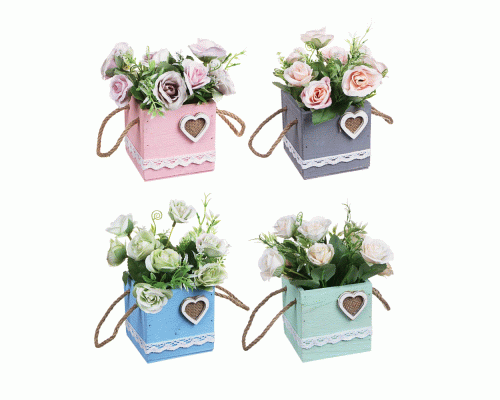 LADECOR Цветочная композиция в деревянном кашпо, с канатом, 4 цвета, 9,7х20 см (268 369)