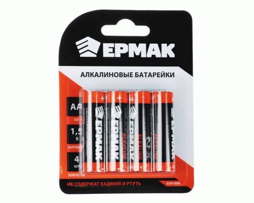 ЕРМАК Батарейки 4шт, тип AA, Alkaline щелочная, BL (266 373)