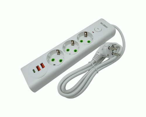 Удлинитель 1,8м  3гн  2USB, 1 Type-C белый /2564/ (313 202)