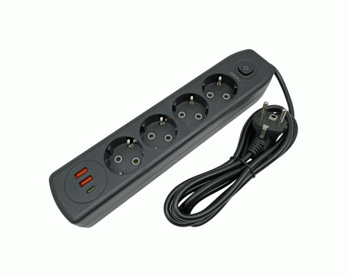 Удлинитель 1,8м 4гн  2USB, 1 Type-C черный /Q60/ (313 208)